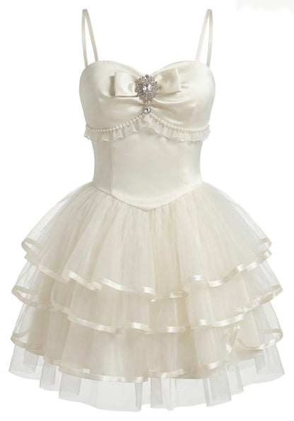 Unique Homecoming Dress Spaghetti Strap Tulle Bowknot Cascade Rinestone Pearl Back to School Outfits Party Dress D7828