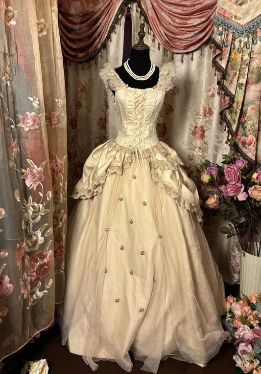 Robe de mariée longue de soirée vintage ivoire à bretelles trapèze et corset, D02