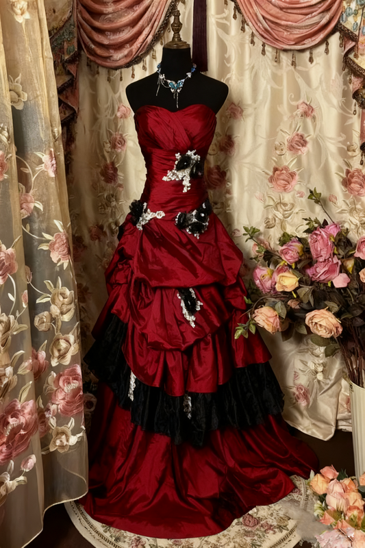 Robe de soirée longue vintage en satin bleu marine, bustier, avec appliques, D03