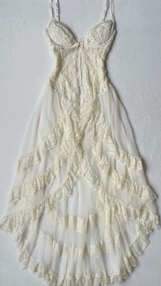 Robe de soirée longue vintage en dentelle à bretelles spaghetti, coupe trapèze, D11
