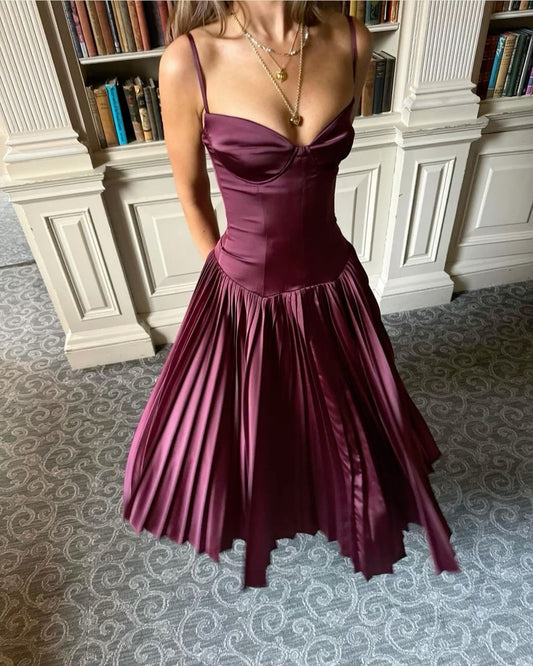 Elegant A-Line Straps Satin Long Party Dress Wedding Guest Dress, D16