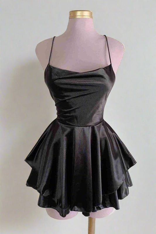 Black Straps A-Line Satin Simple Homecoming Dress Mini Birthday Outfits, D161