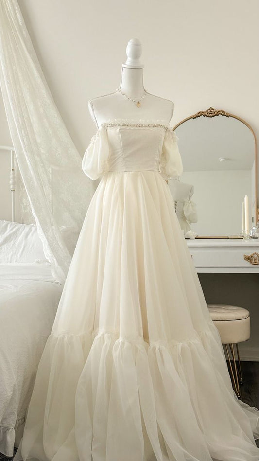 Schulterfreies, elfenbeinfarbenes, langes Chiffon-Partykleid mit A-Linie, Geburtstagskleid, D21
