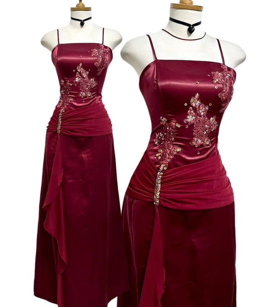 Wine Red Spaghetti Straps Appliques Sheath Long Formal Evening Party Dress, D220