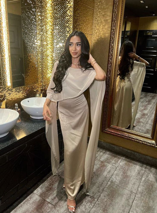 Robe de soirée longue en satin, fourreau modeste, D145