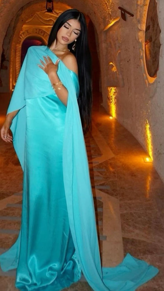 Robe de soirée longue en satin bleu, modeste, D146