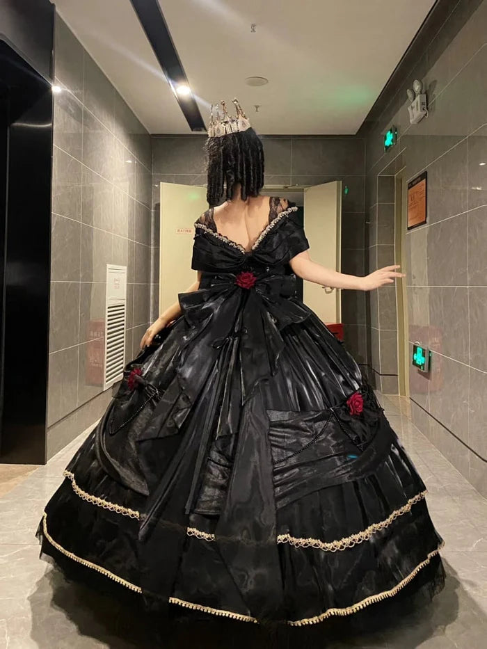 Black Off Shoulder A-Line Lace Satin Birthday Ball Gown Quinceanera Dress, D226