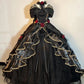 Black Off Shoulder A-Line Lace Satin Birthday Ball Gown Quinceanera Dress, D226