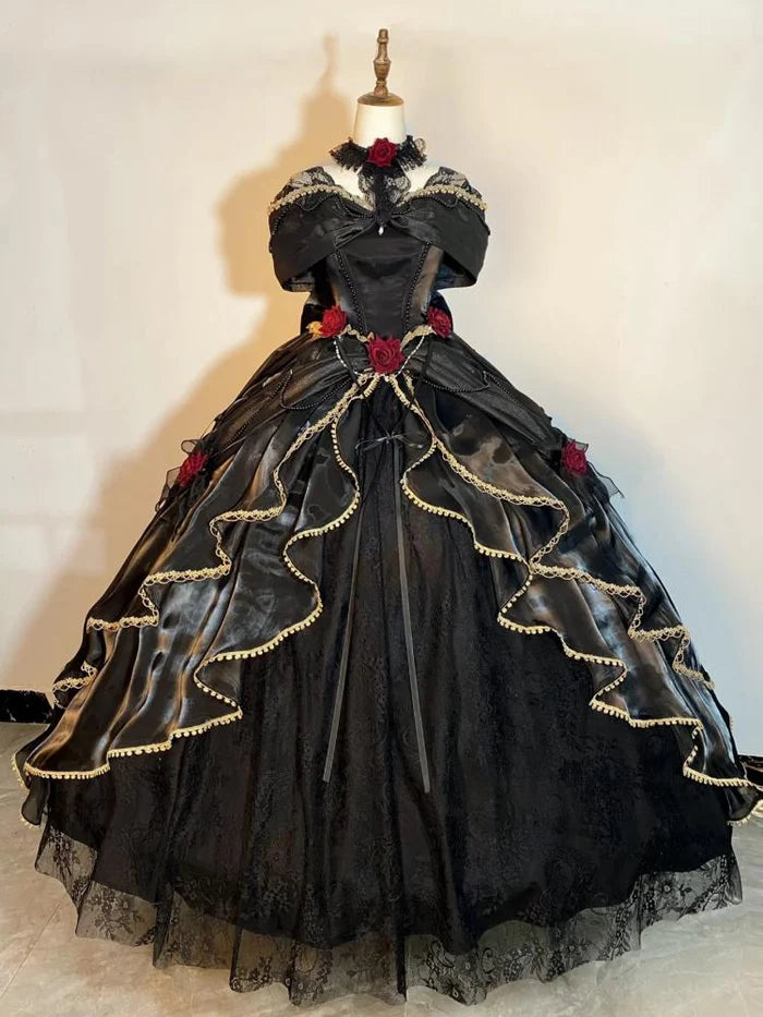 Black Off Shoulder A-Line Lace Satin Birthday Ball Gown Quinceanera Dress, D226