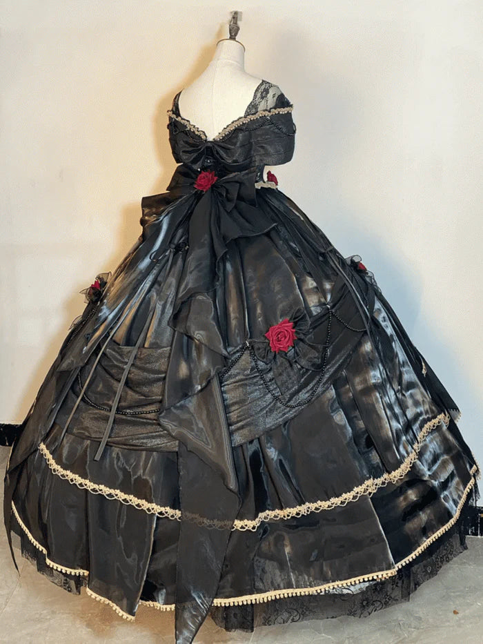 Black Off Shoulder A-Line Lace Satin Birthday Ball Gown Quinceanera Dress, D226