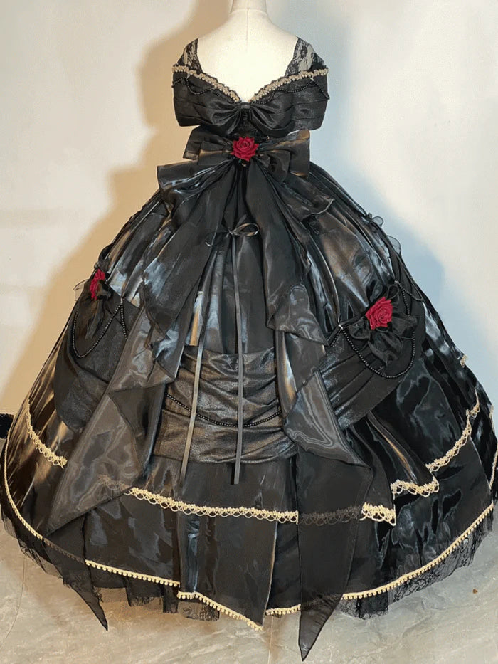 Black Off Shoulder A-Line Lace Satin Birthday Ball Gown Quinceanera Dress, D226