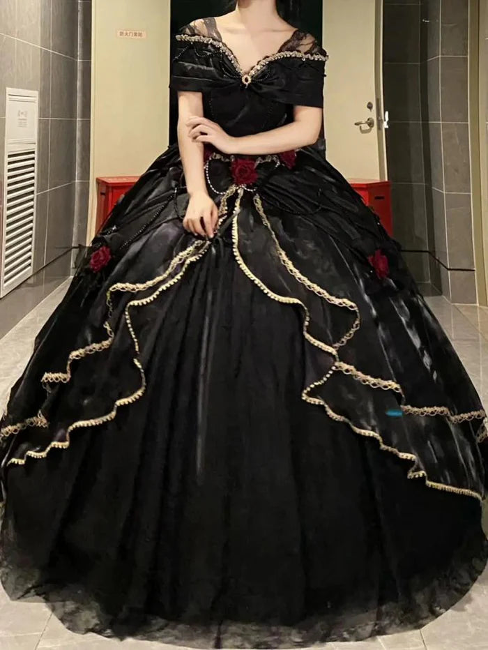 Black Off Shoulder A-Line Lace Satin Birthday Ball Gown Quinceanera Dress, D226