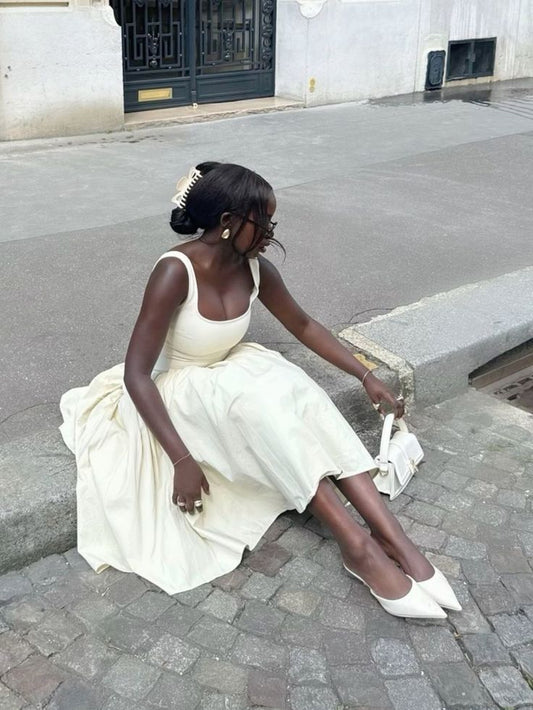 Robe de soirée longue trapèze élégante à bretelles ivoire, D148