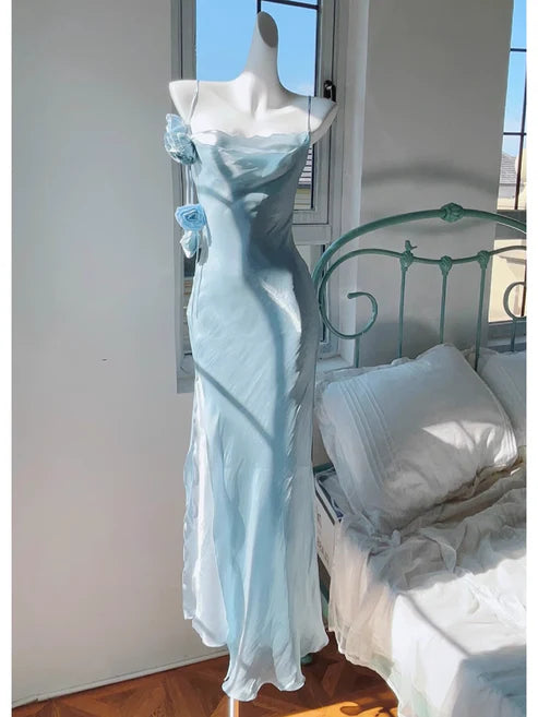 Robe fourreau longue bleu clair à bretelles, robe de demoiselle d'honneur, D149