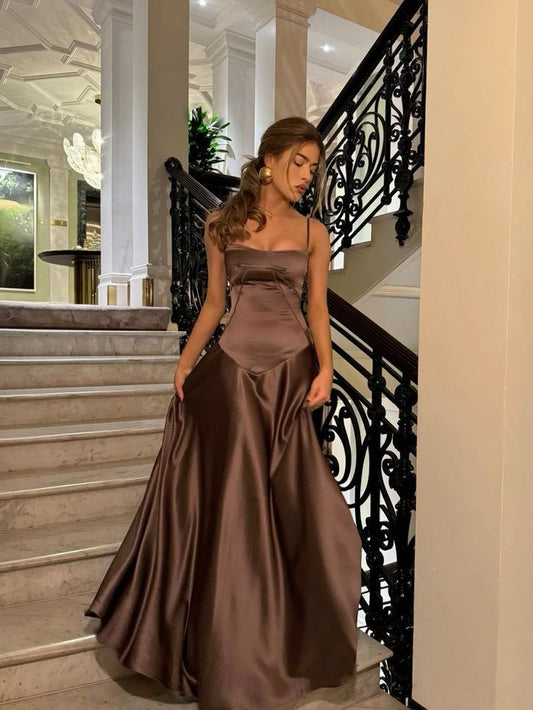Elegant Brown Spaghetti Straps A-Line Long Party Dress Wedding Guest Dress, D294