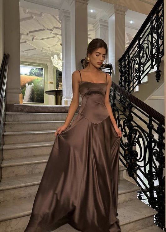 Elegant Brown Spaghetti Straps A-Line Long Party Dress Wedding Guest Dress, D294