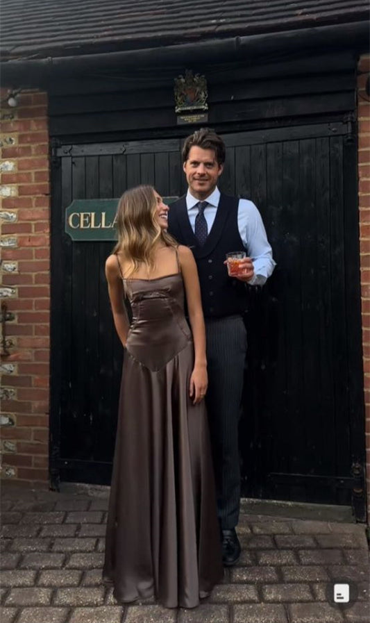 Elegant Brown Spaghetti Straps A-Line Long Party Dress Wedding Guest Dress, D295