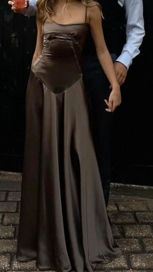 Elegant Brown Spaghetti Straps A-Line Long Party Dress Wedding Guest Dress, D295