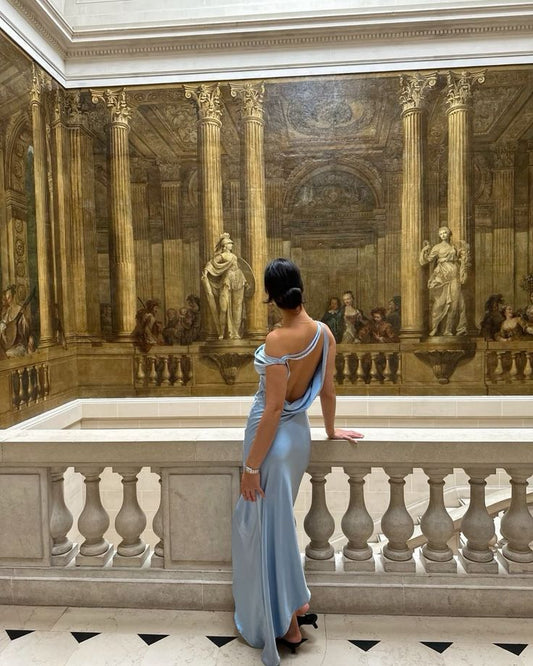 Blue Off Shoulder Backless Sheath Long Party Drses Formal Evening Dress, D300