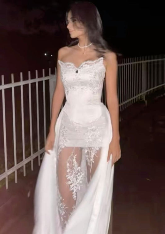 Unique Strapless Sheath Lace Satin Chic Wedding Dress Long Party Dress, D311
