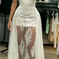 Unique Strapless Sheath Lace Satin Chic Wedding Dress Long Party Dress, D311