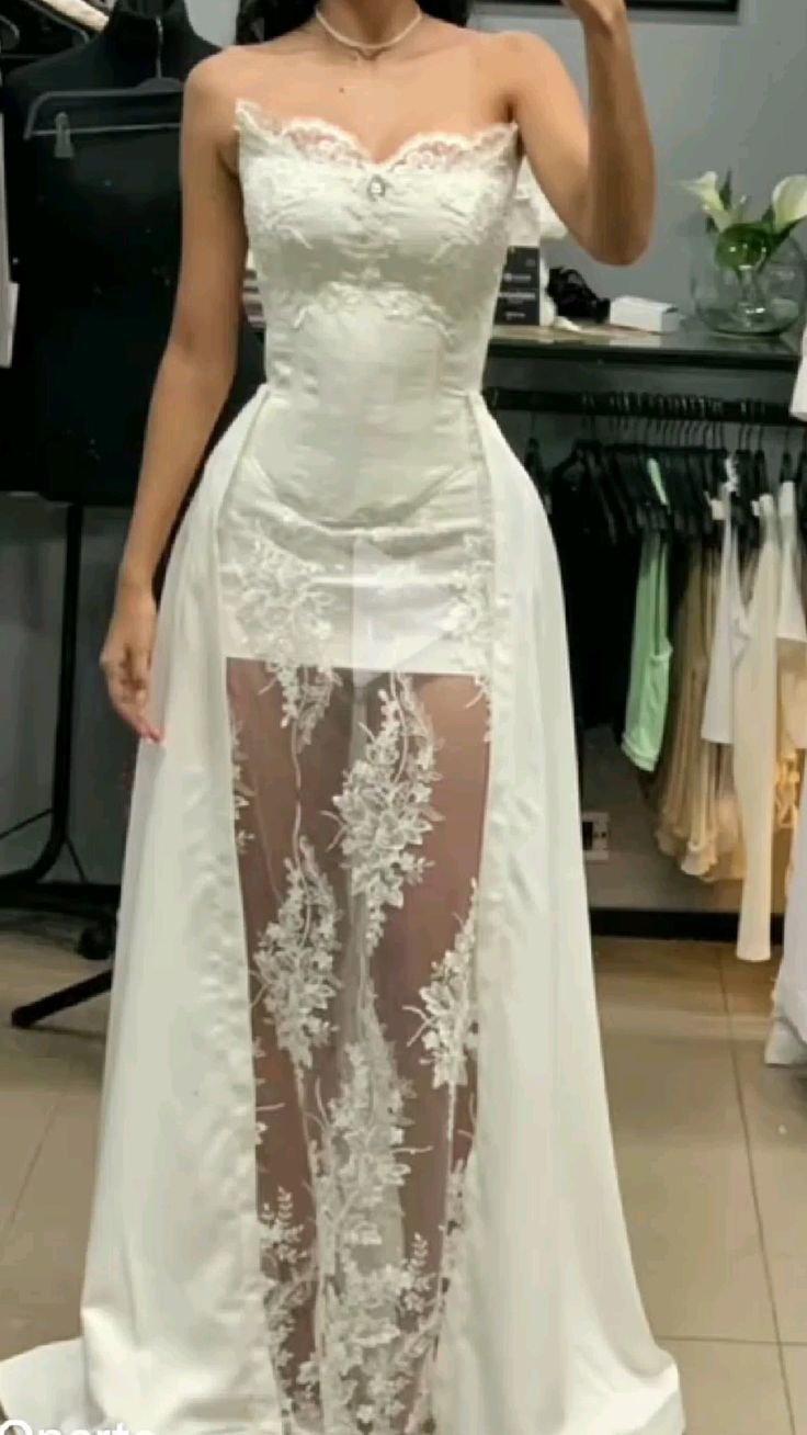 Unique Strapless Sheath Lace Satin Chic Wedding Dress Long Party Dress, D311