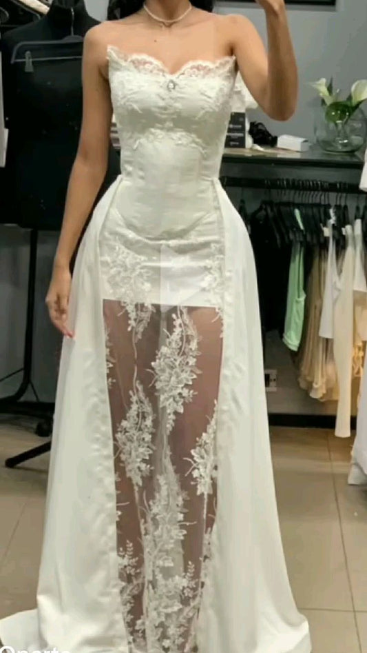 Unique Strapless Sheath Lace Satin Chic Wedding Dress Long Party Dress, D311
