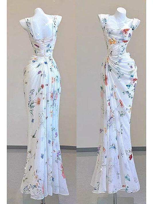 Robe de soirée longue sirène en mousseline de soie à fleurs et bretelles, D40