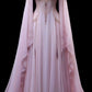 Robe de bal longue élégante rose à manches longues et coupe trapèze, D59