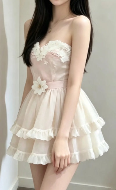 Delicate Light Pink Strapless Sweetheart 3D Floral Ruffled Tiered A Line Short Homecoming Dress D7943