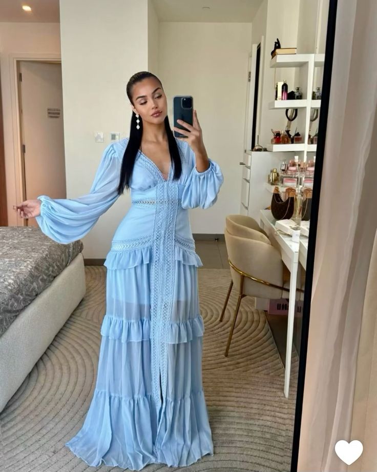 Blue V Neck Long Sleeves A-Line Long Wedding Guest Dress, D75 – ModelDressy