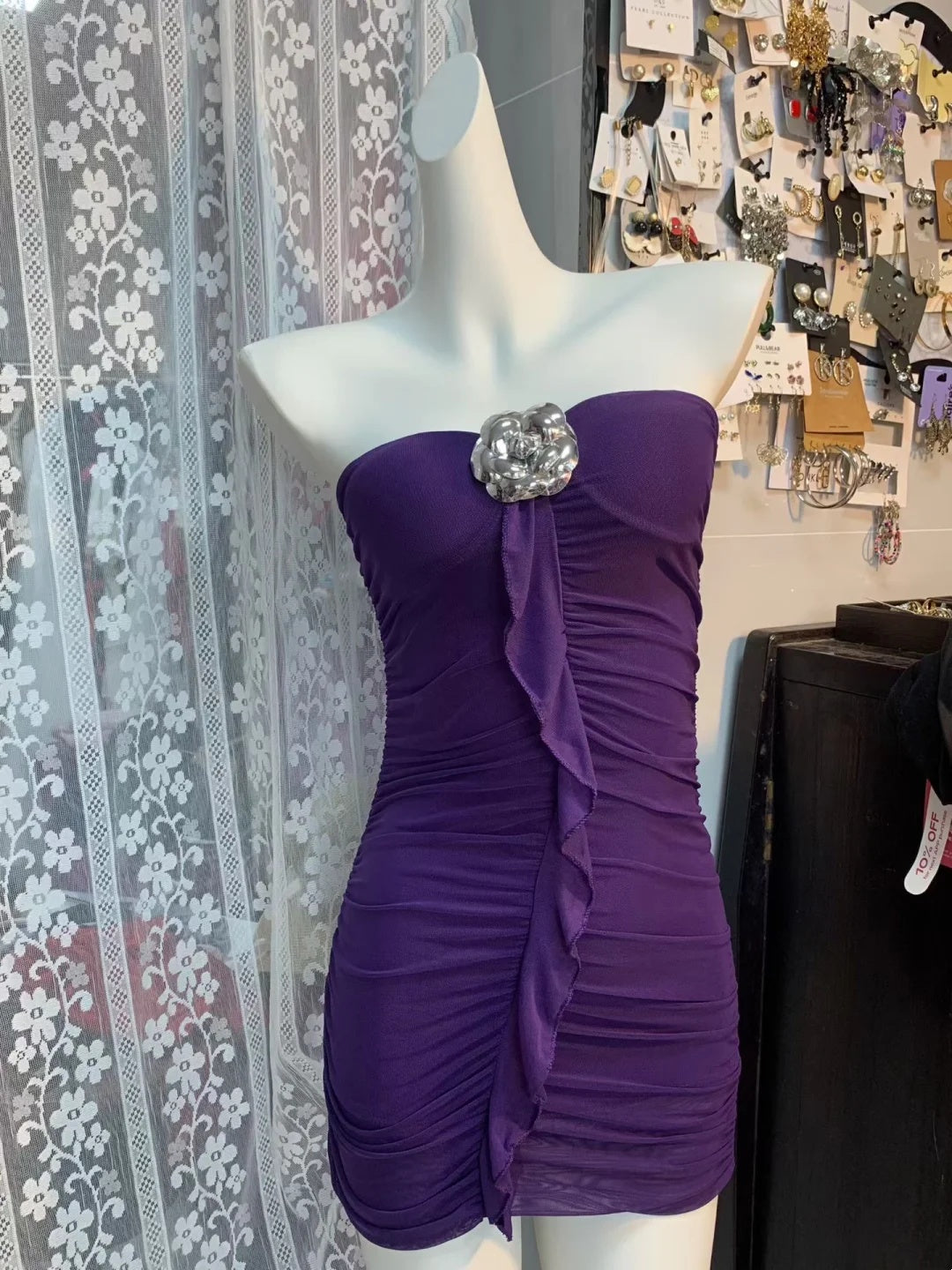 Stunning Purple Strapless 3D Silver Flower Accent Ruffle Ruched Bodycon Short Homecoming Dress D7945