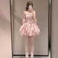 Whimsical Light Pink Strapless Rhinestone Trim Glitter Satin Big Bow 3D Floral A Line Bubble Short Homecoming Dress D7947