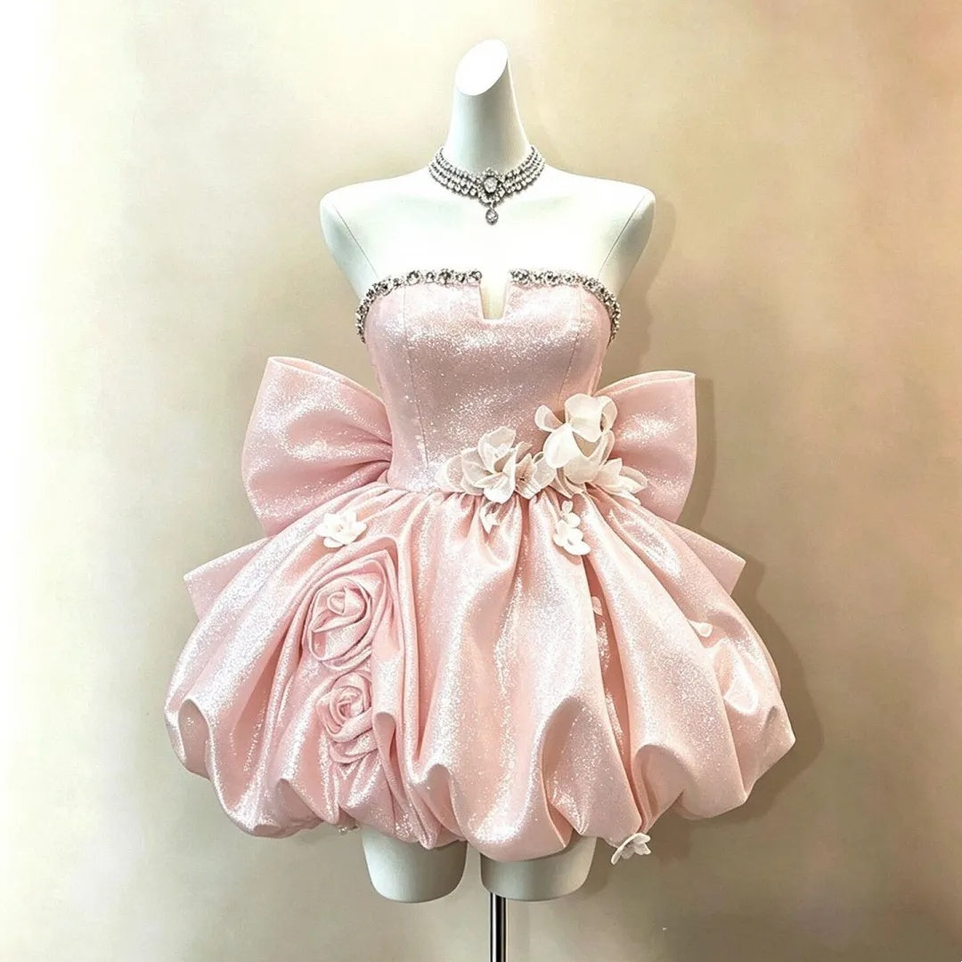 Whimsical Light Pink Strapless Rhinestone Trim Glitter Satin Big Bow 3D Floral A Line Bubble Short Homecoming Dress D7947