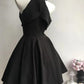 Sleek Black Halter Neck Ruffle Trim A‑Line Short Homecoming Dress D7950