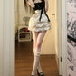 Playful Black‑White Polka Dot Spaghetti Straps 3D Rose Bow Rhinestone Accent Ruffled Bubble A Line Short Homecoming Dress D7951