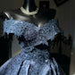 Mysterious Dusty Blue Off Shoulder Sweetheart Lace Appliques Satin A‑Line Short Homecoming Dress D7952