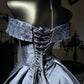 Mysterious Dusty Blue Off Shoulder Sweetheart Lace Appliques Satin A‑Line Short Homecoming Dress D7952