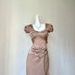 Luxe Champagne Taupe Satin Puff Short Sleeve Sweetheart Crisscross Ruched Bodycon Short Homecoming Dress D7954