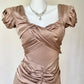 Luxe Champagne Taupe Satin Puff Short Sleeve Sweetheart Crisscross Ruched Bodycon Short Homecoming Dress D7954