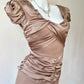 Luxe Champagne Taupe Satin Puff Short Sleeve Sweetheart Crisscross Ruched Bodycon Short Homecoming Dress D7954
