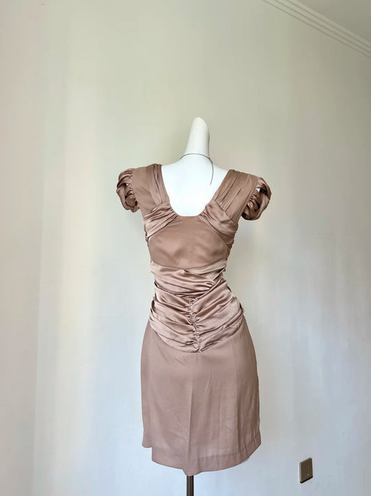 Luxe Champagne Taupe Satin Puff Short Sleeve Sweetheart Crisscross Ruched Bodycon Short Homecoming Dress D7954