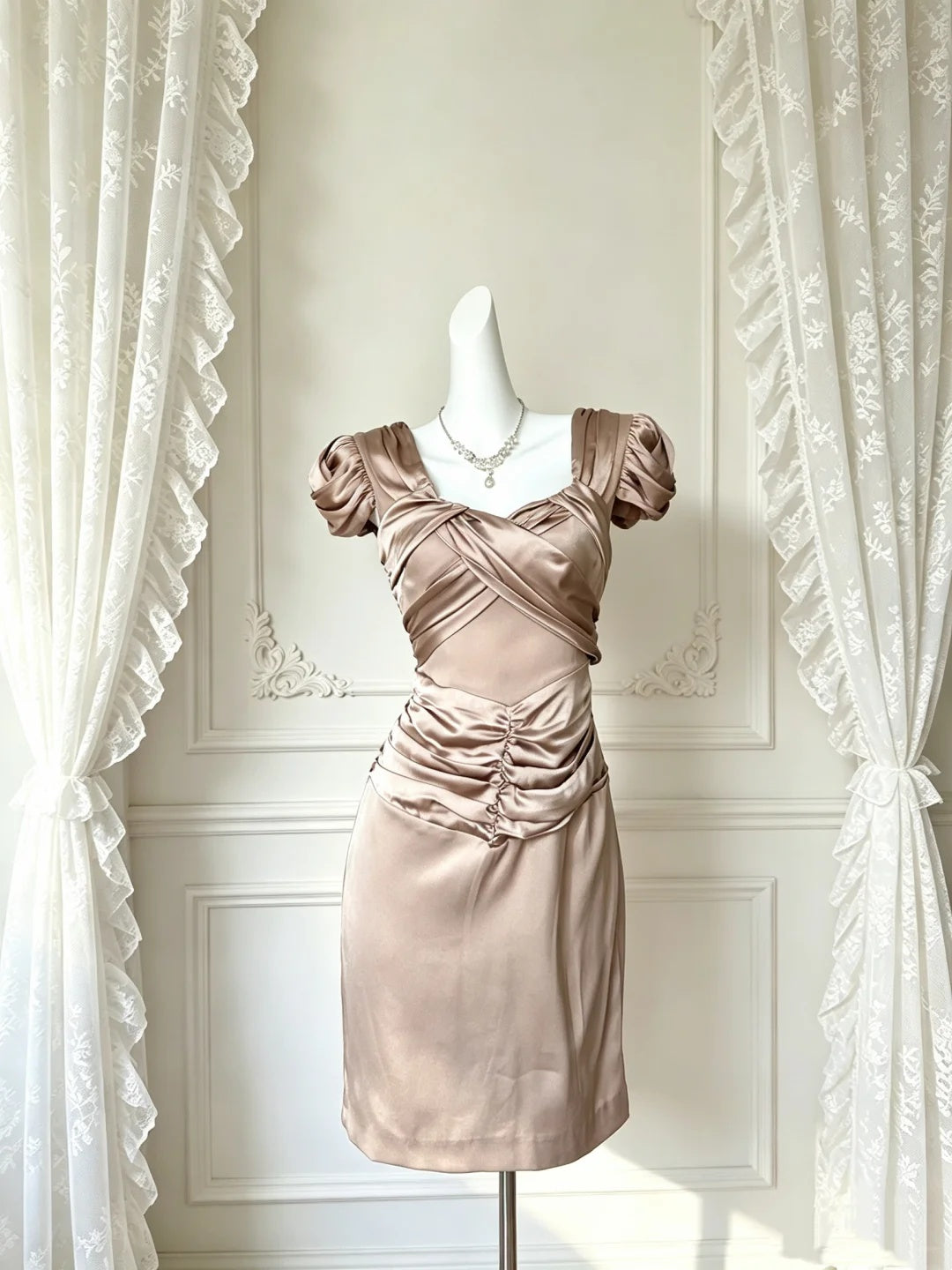 Luxe Champagne Taupe Satin Puff Short Sleeve Sweetheart Crisscross Ruched Bodycon Short Homecoming Dress D7954