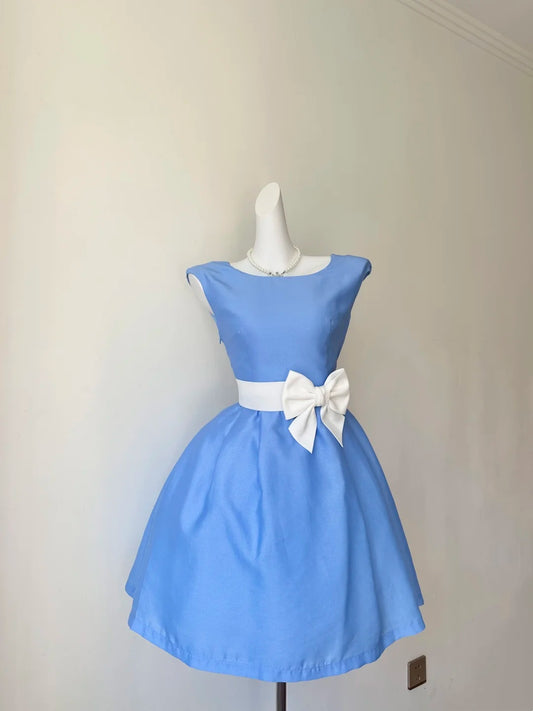 Dainty Sky Blue Cap Sleeve Boat Neck White Satin Bow Waist Lace Trim Sheer Mesh Back A‑Line Short Homecoming Dress D7956