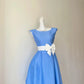 Dainty Sky Blue Cap Sleeve Boat Neck White Satin Bow Waist Lace Trim Sheer Mesh Back A‑Line Short Homecoming Dress D7956