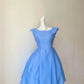 Dainty Sky Blue Cap Sleeve Boat Neck White Satin Bow Waist Lace Trim Sheer Mesh Back A‑Line Short Homecoming Dress D7956