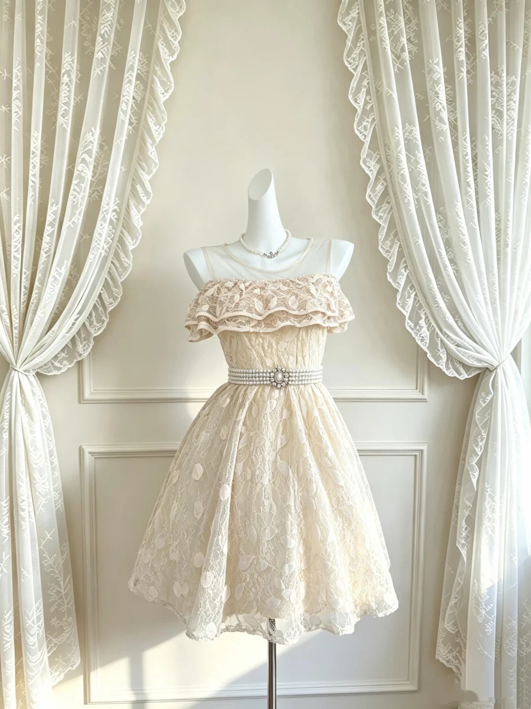 Romantic Champagne Round Neck Ruffled Floral Lace Pearl Rhinestone Sash A‑Line Short Homecoming Dress D7959