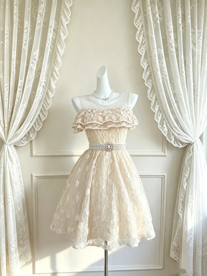 Romantic Champagne Round Neck Ruffled Floral Lace Pearl Rhinestone Sash A‑Line Short Homecoming Dress D7959