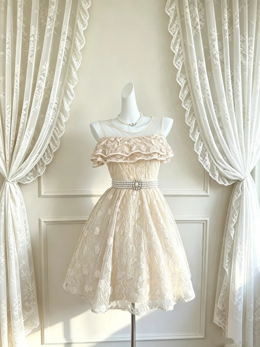 Romantic Champagne Round Neck Ruffled Floral Lace Pearl Rhinestone Sash A‑Line Short Homecoming Dress D7959
