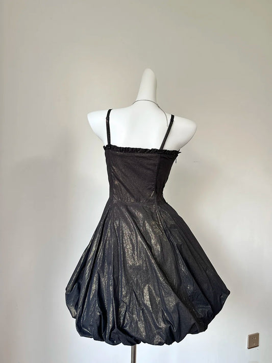 Dramatic Black Metallic Shimmer Spaghetti Strap Ruffled Trim A‑Line Short Homecoming Dress D7960